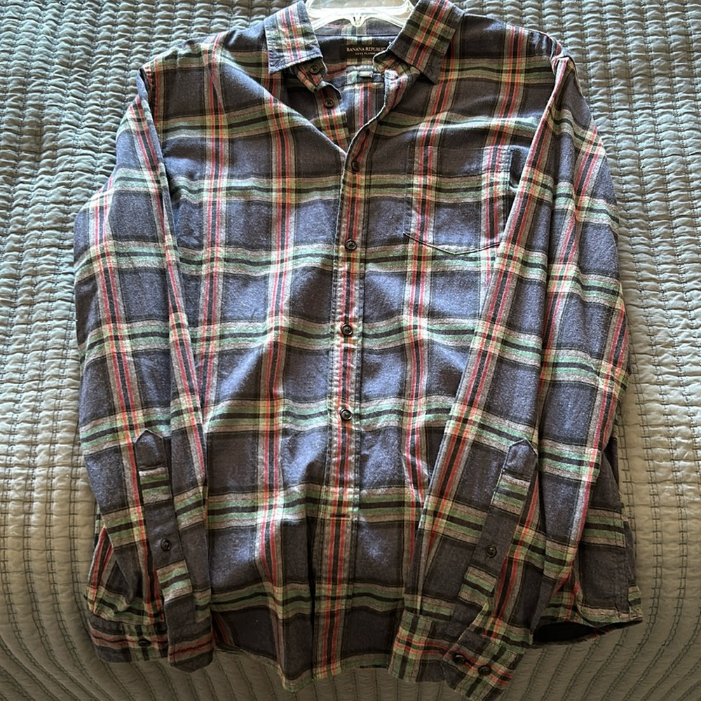 Banana republic, Lux flannel, medium, blue, green, green, and red.